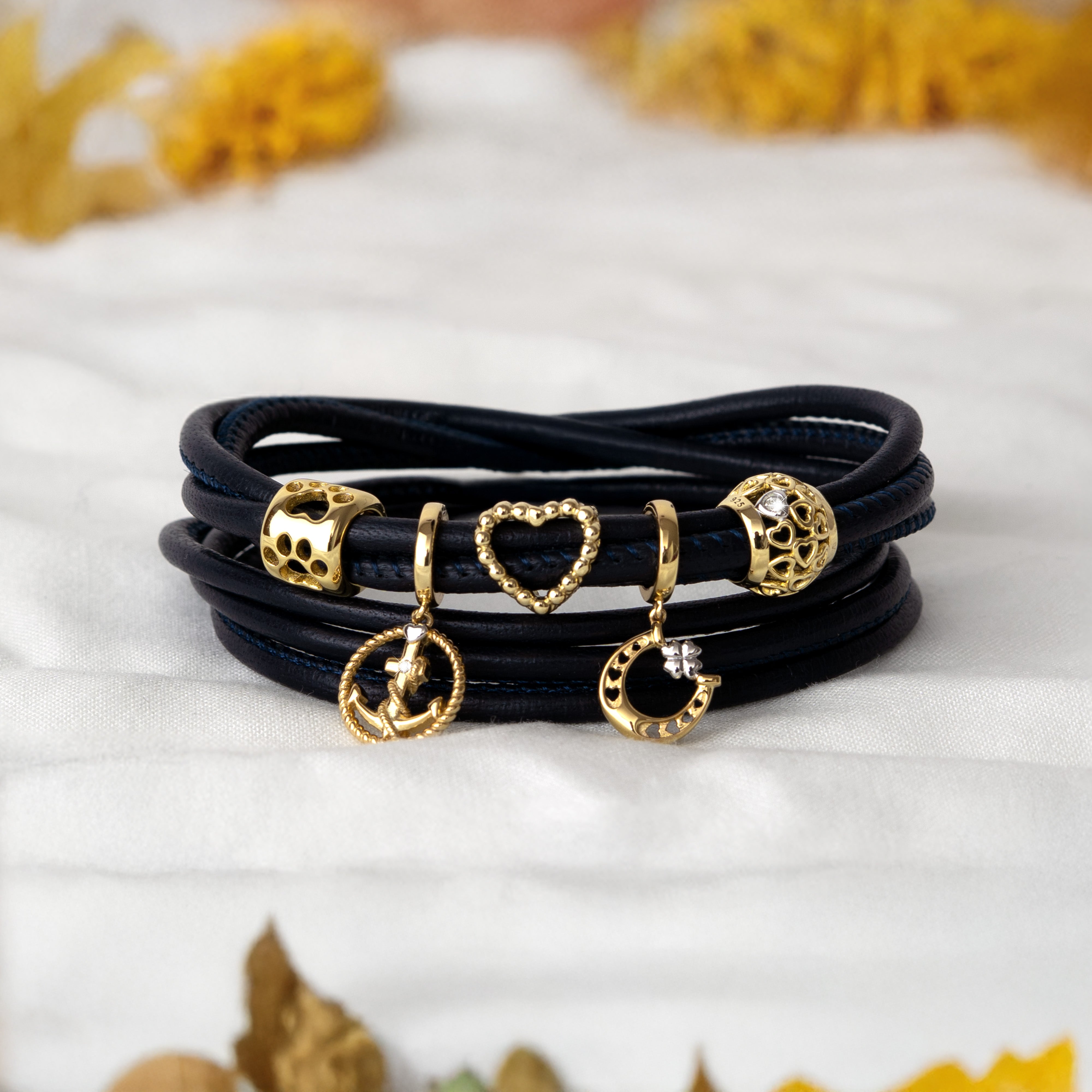 armband damen leder charms gold