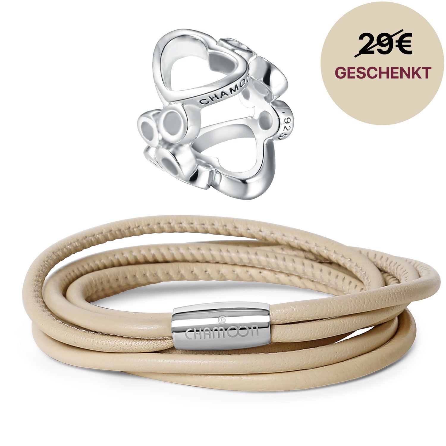 beiges lederarmband#Gratis Charm_Bubbles Charm Silber