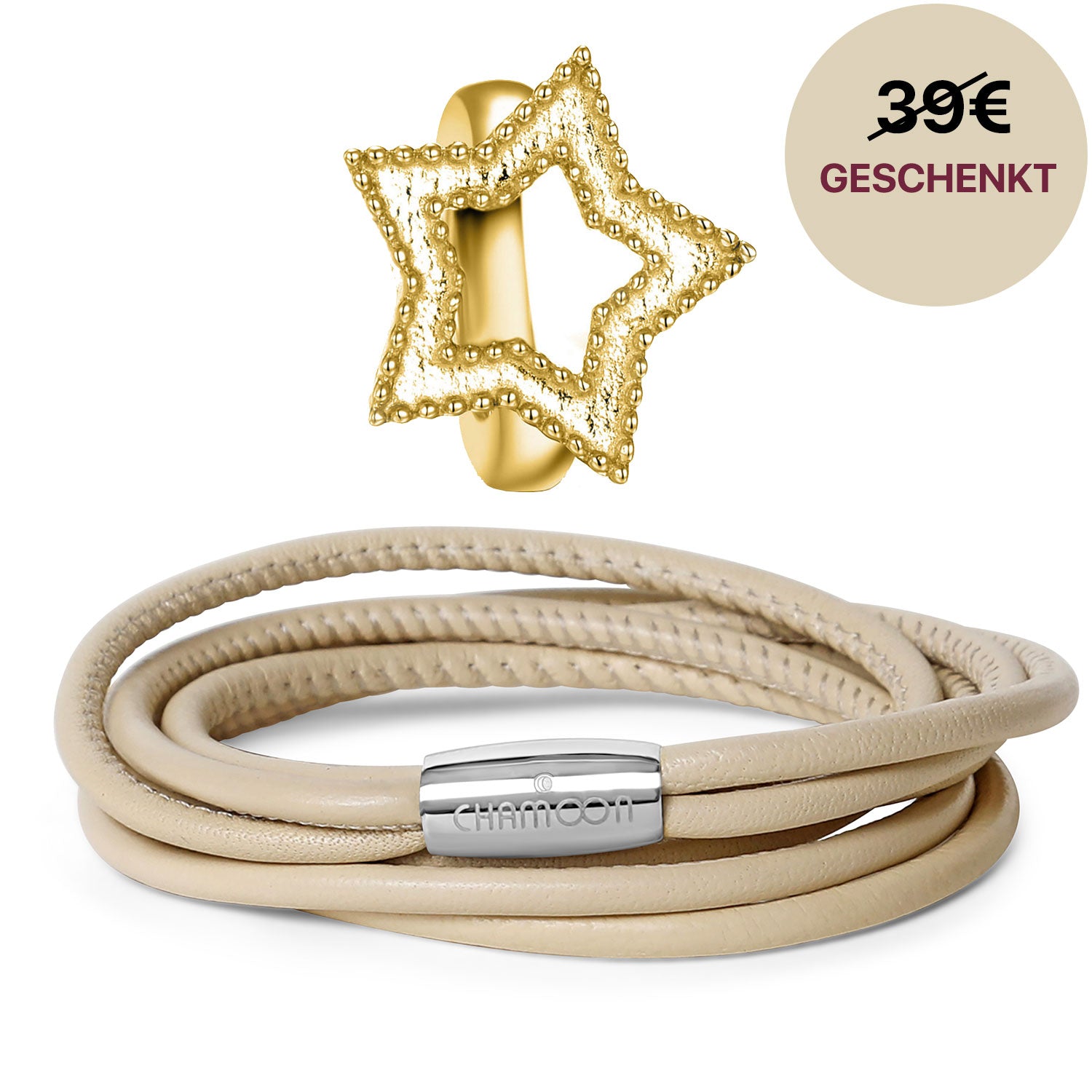 Lederarmband#Gratis Charm_Star Charm Gold