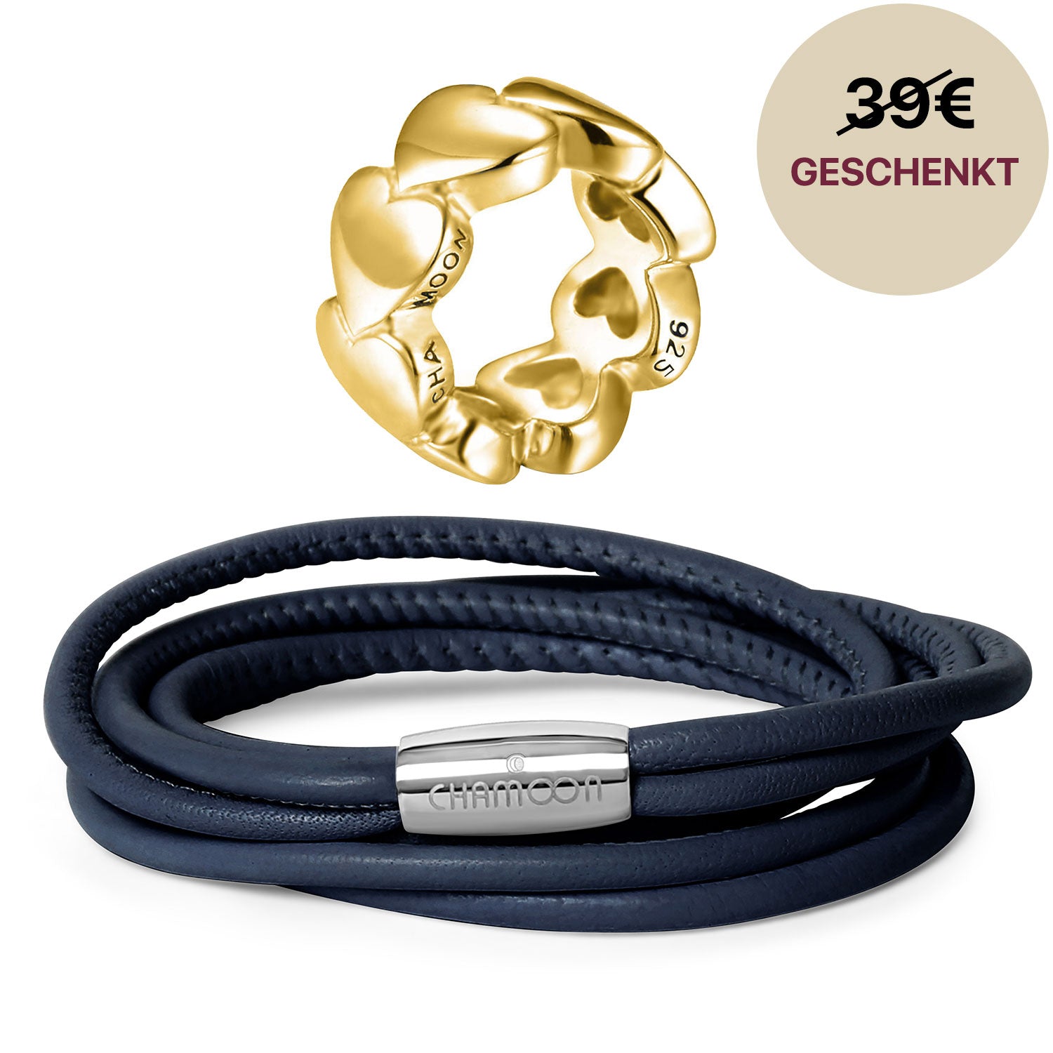 Damen lederarmband dunkelblau#Gratis Charm_Awesome Hearts Charm Gold