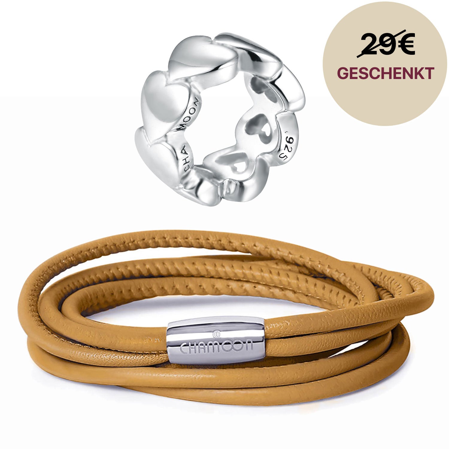 Lederarmband Damen Braun#Gratis Charm_Awesome Hearts Charm Silber