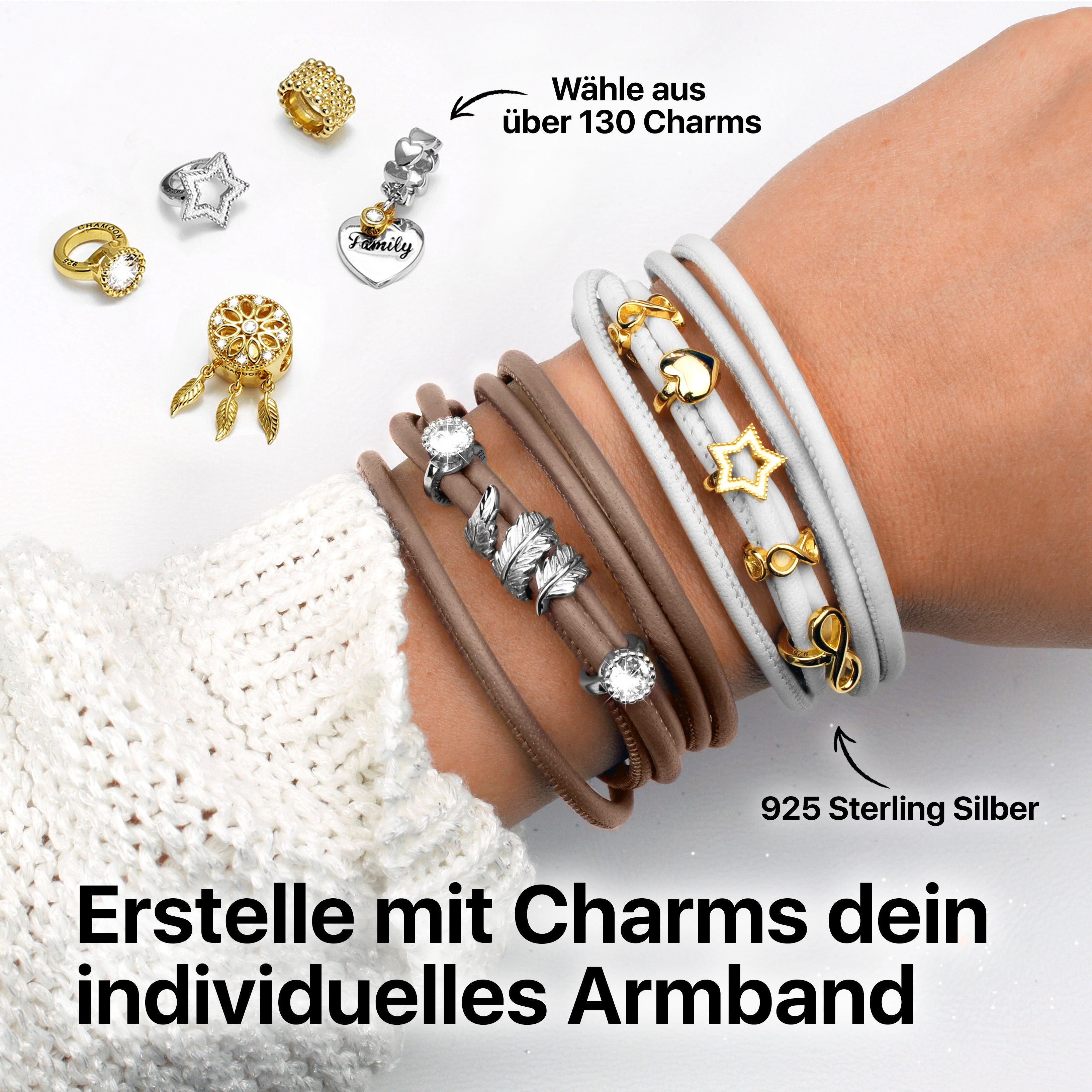 lederarmband damen braun weiss charms