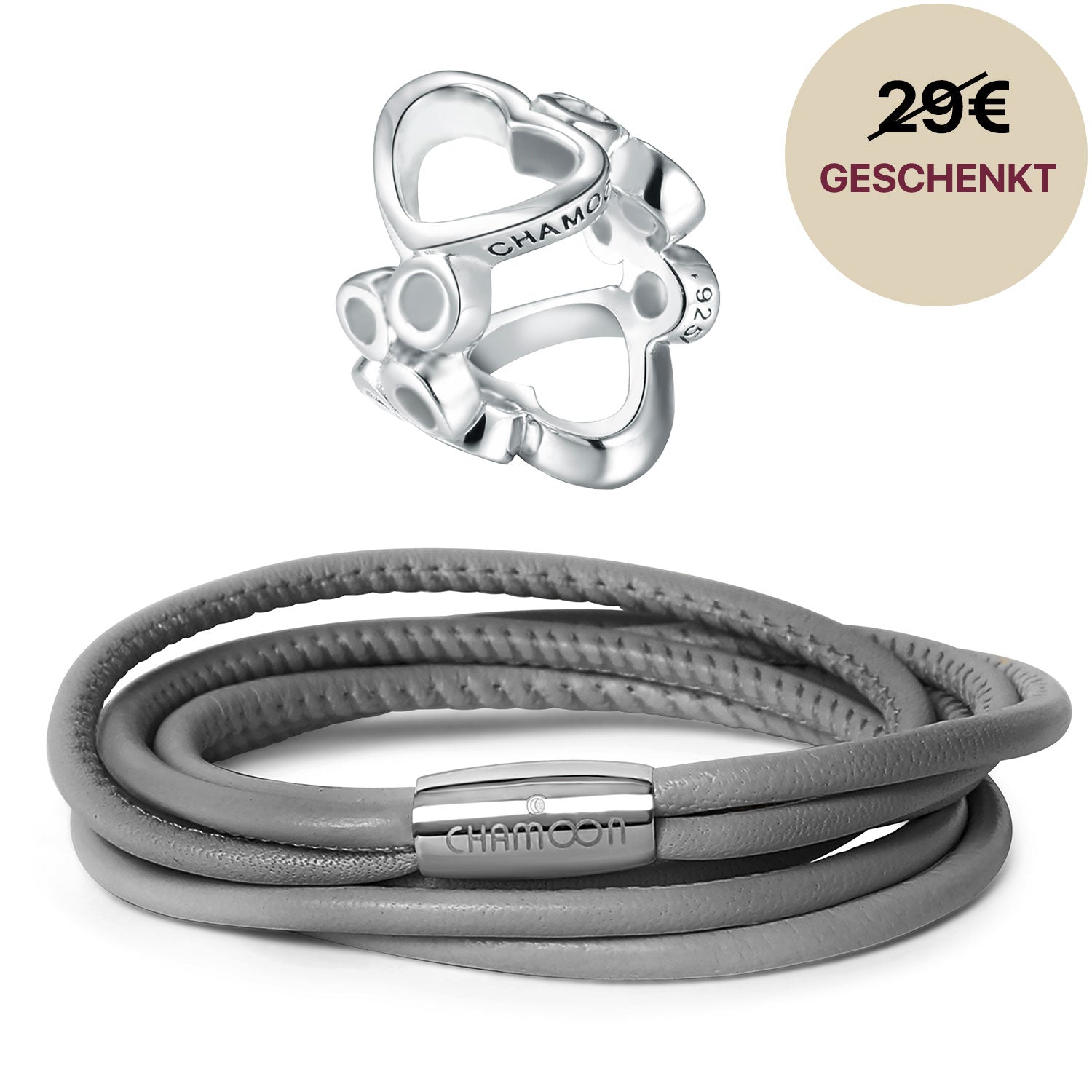 graues lederarmband#Gratis Charm_Bubbles Charm Silber