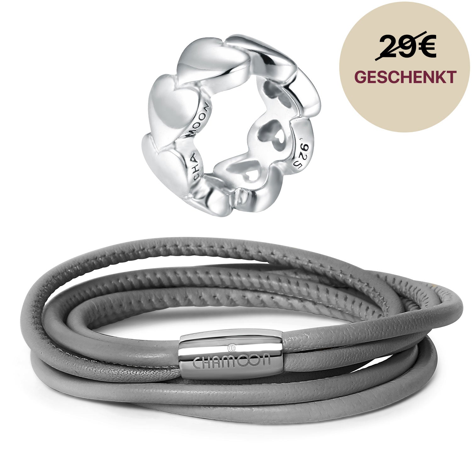 Damen lederarmband#Gratis Charm_Awesome Hearts Charm Silber