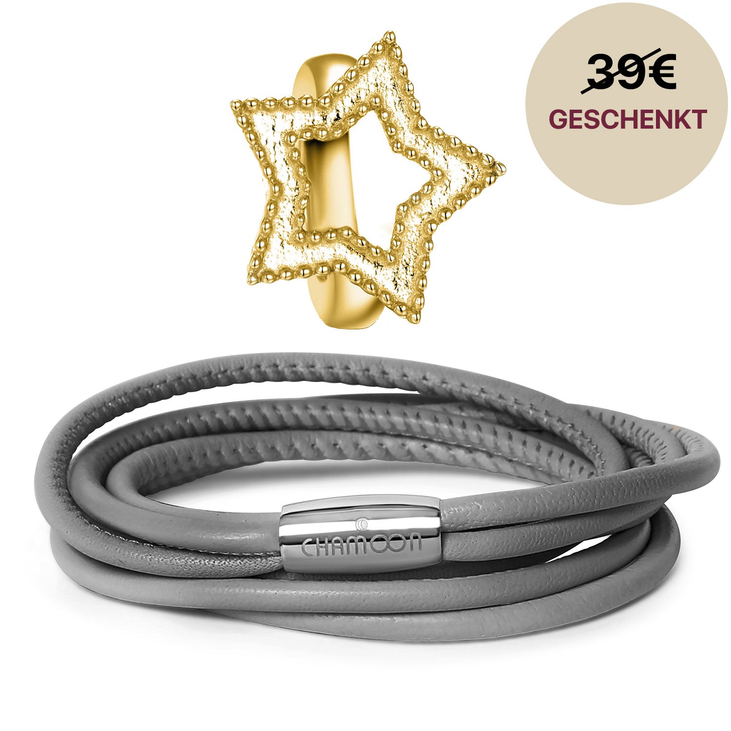 Lederarmband#Gratis Charm_Star Charm Gold