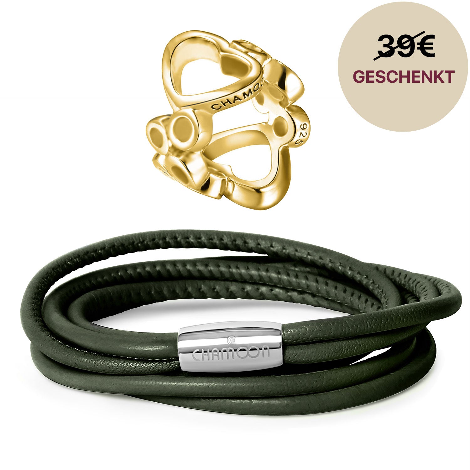 Olea Lederarmband Damen Olivgrün Startangebot#Gratis Charm_Bubbles Charm Gold