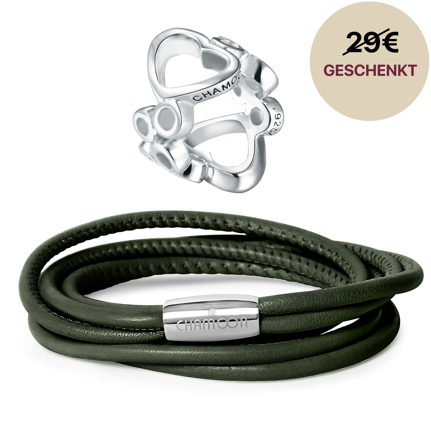 Olea Lederarmband Damen Olivgrün Startangebot#Gratis Charm_Bubbles Charm Silber