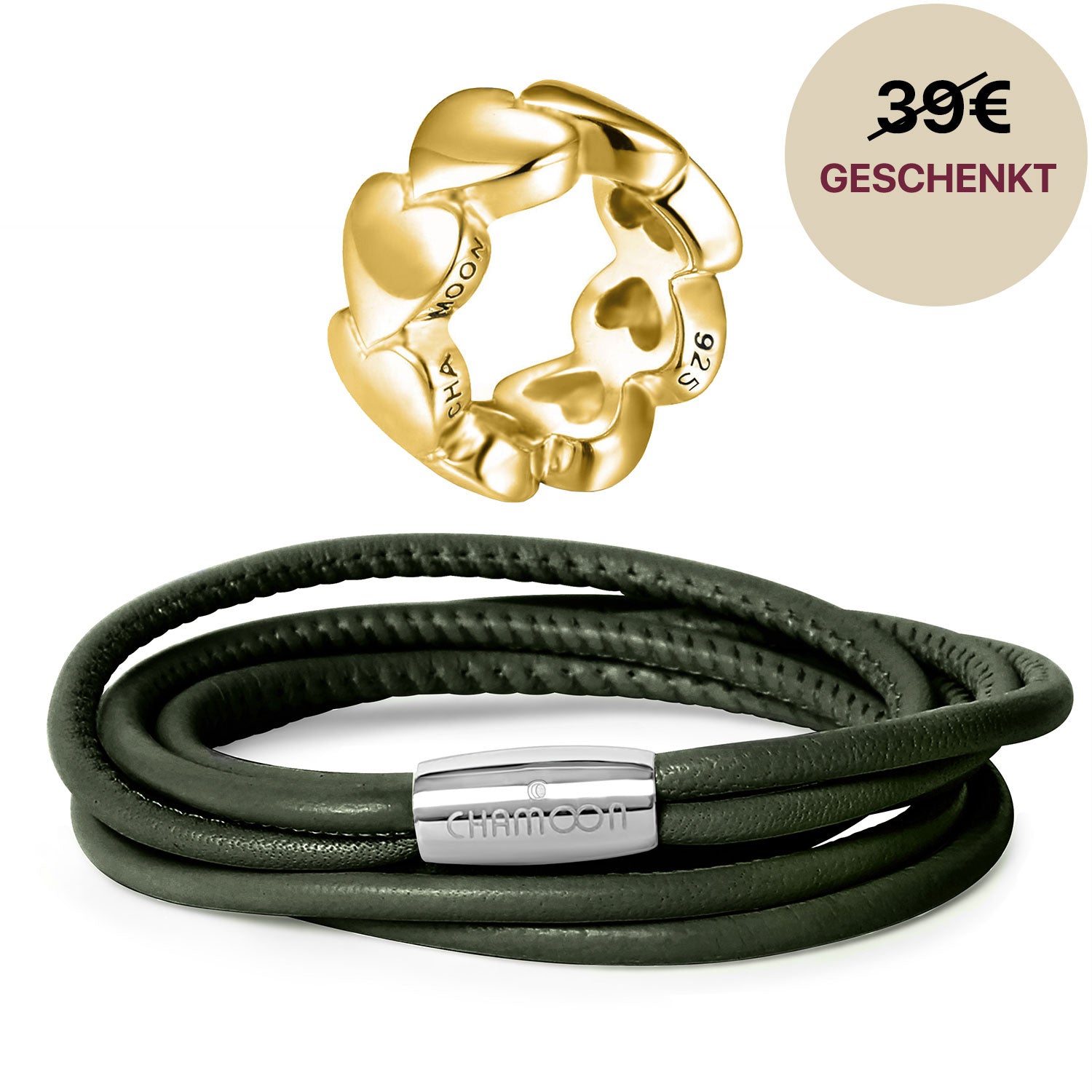 Olea Lederarmband Damen Olivgrün Startangebot#Gratis Charm_Awesome Hearts Charm Gold
