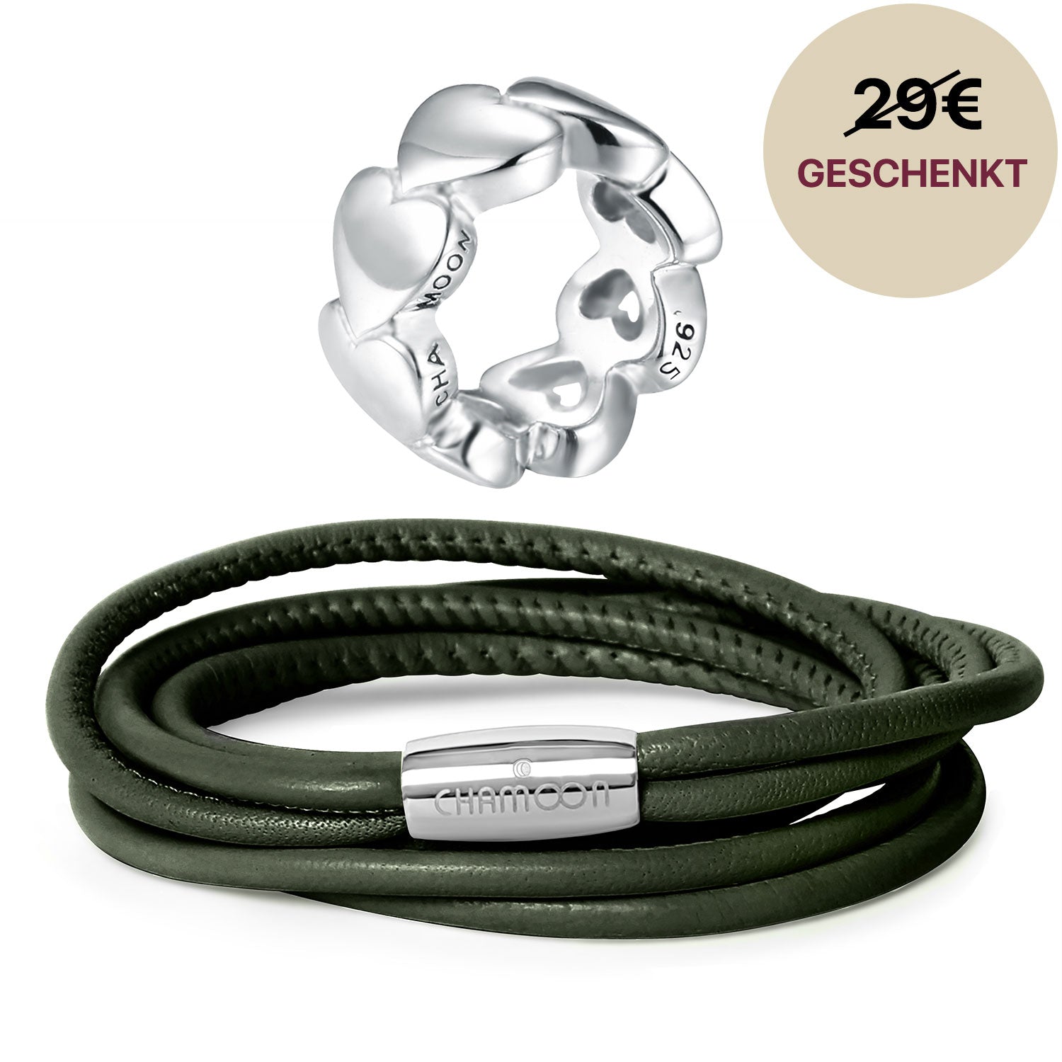 Olea Lederarmband Damen Olivgrün Startangebot#Gratis Charm_Awesome Hearts Charm Silber