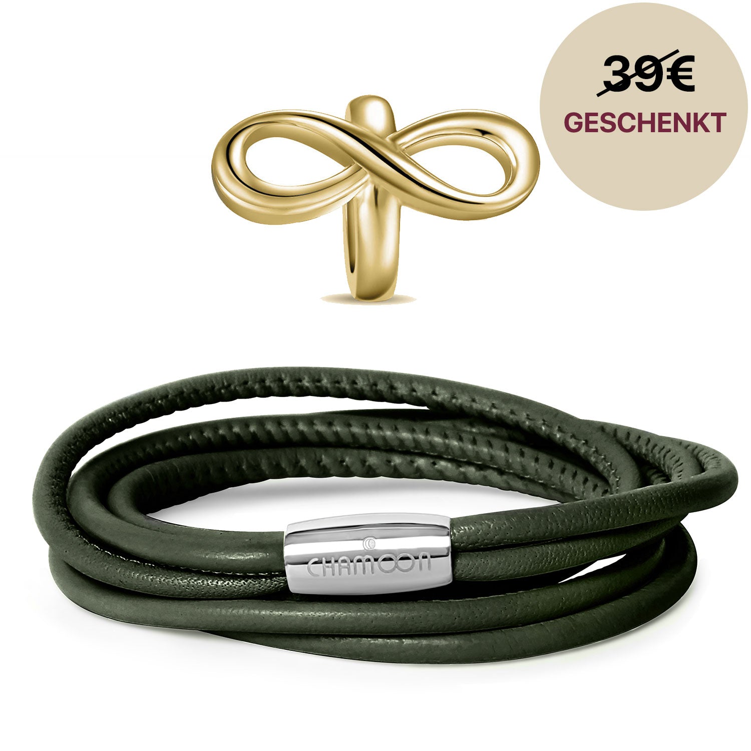 Olea Lederarmband Damen Olivgrün Startangebot#Gratis Charm_Limitless Charm Gold