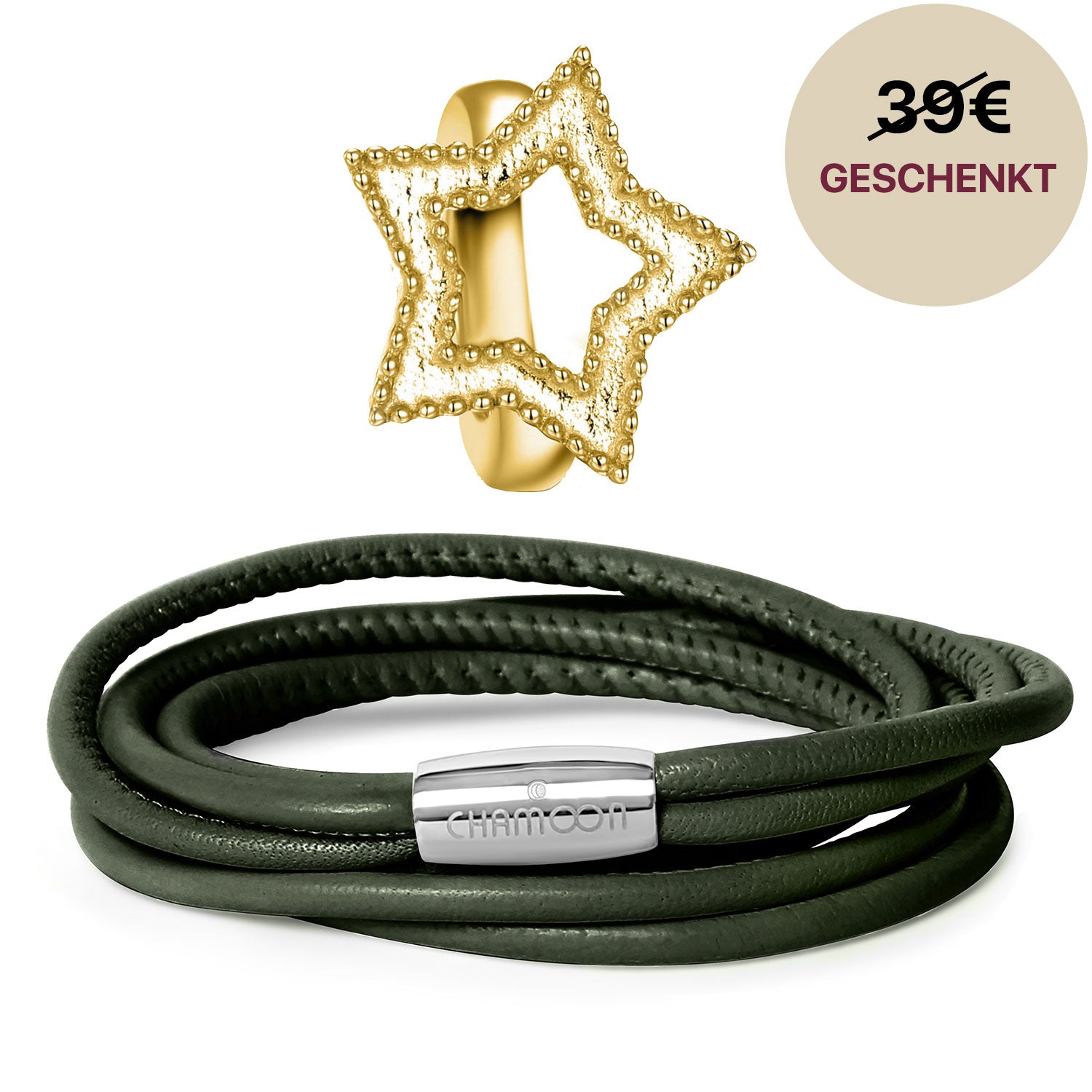 Olea Lederarmband Damen Olivgrün Startangebot#Gratis Charm_Star Charm Gold