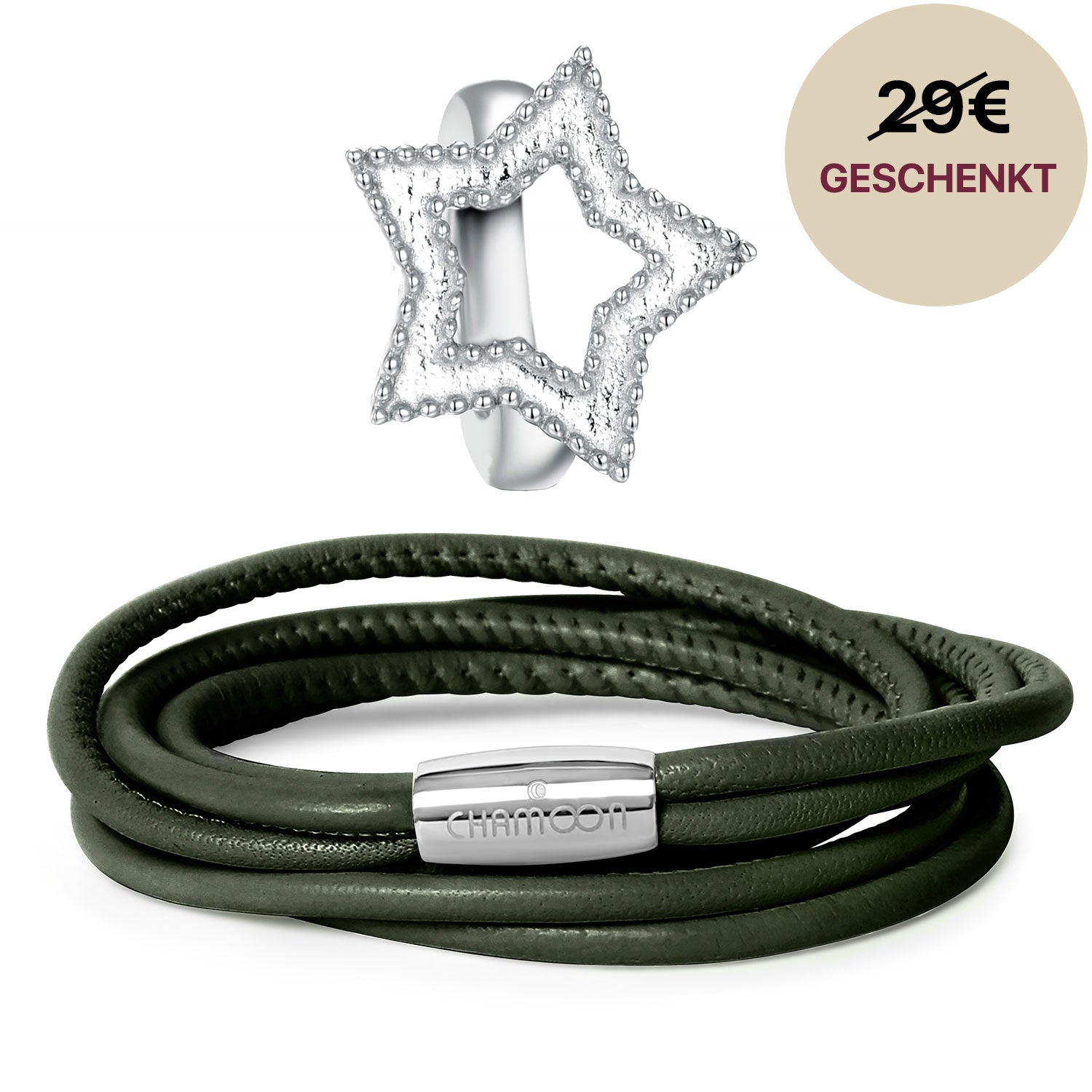 Olea Lederarmband Damen Olivgrün Startangebot#Gratis Charm_Star Charm Silber