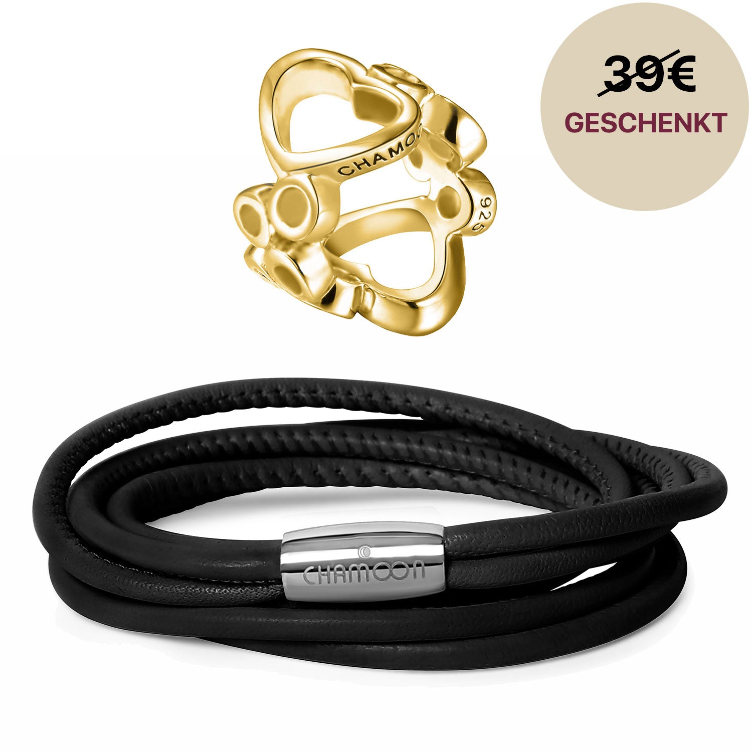 Damen lederarmband schwarz#Gratis Charm_Bubbles Charm Gold