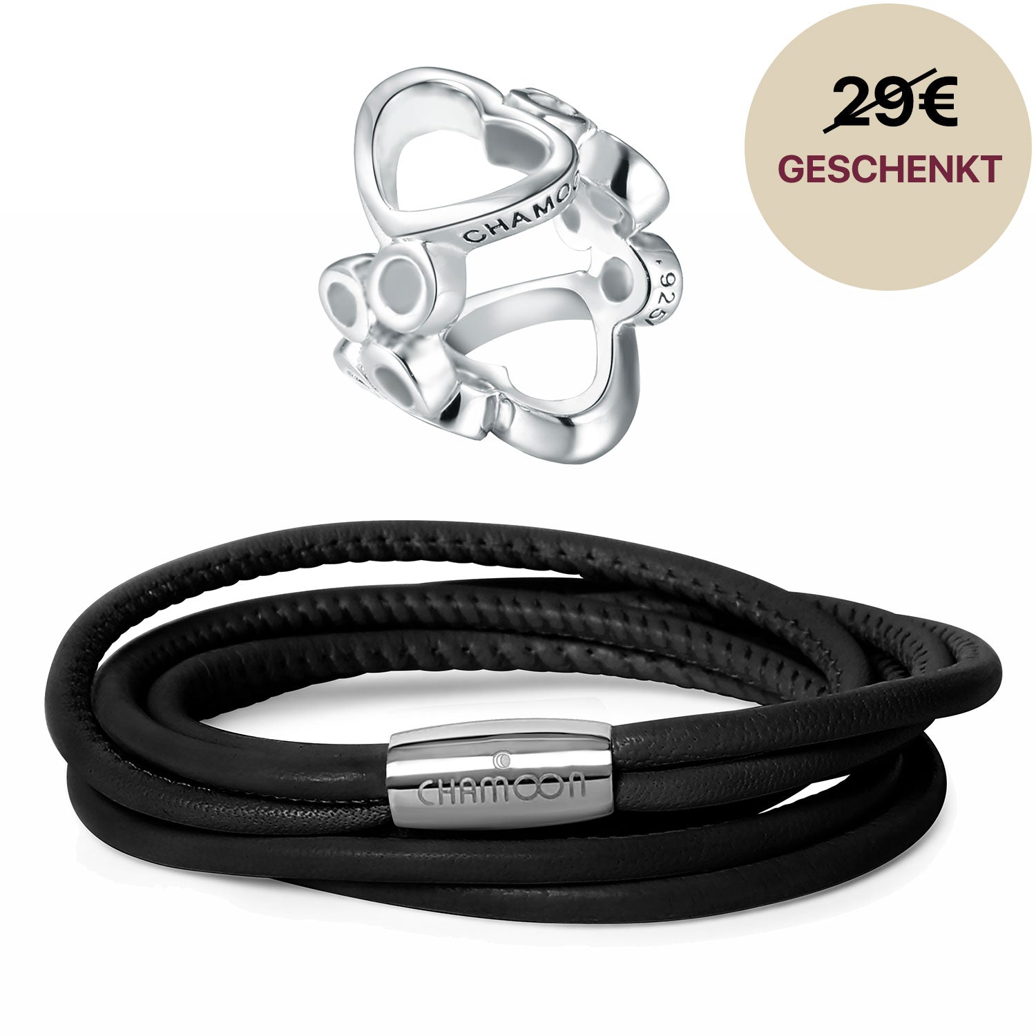 Lederarmband schwarz damen#Gratis Charm_Bubbles Charm Silber