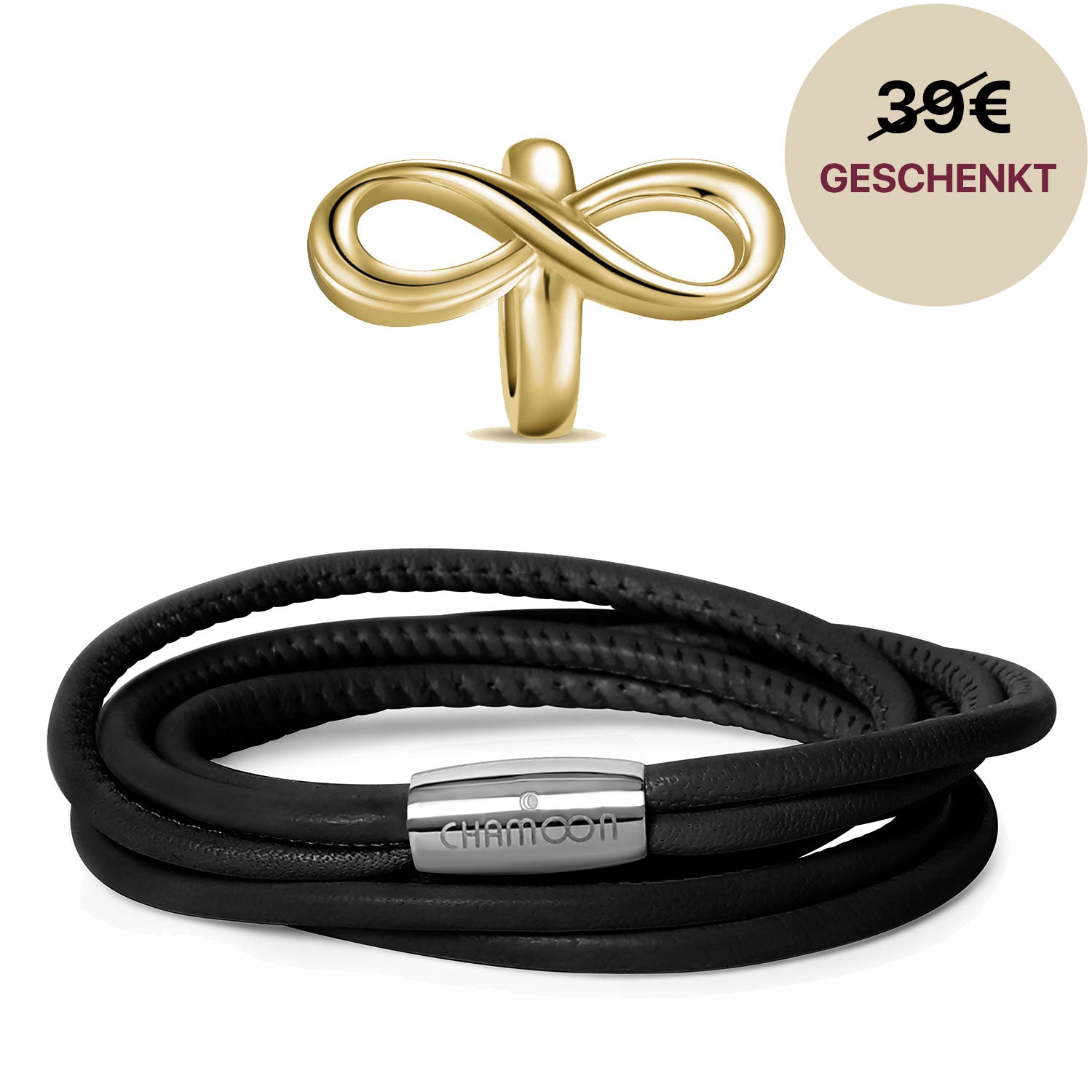 Lederarmband schwarz#Gratis Charm_Limitless Charm Gold