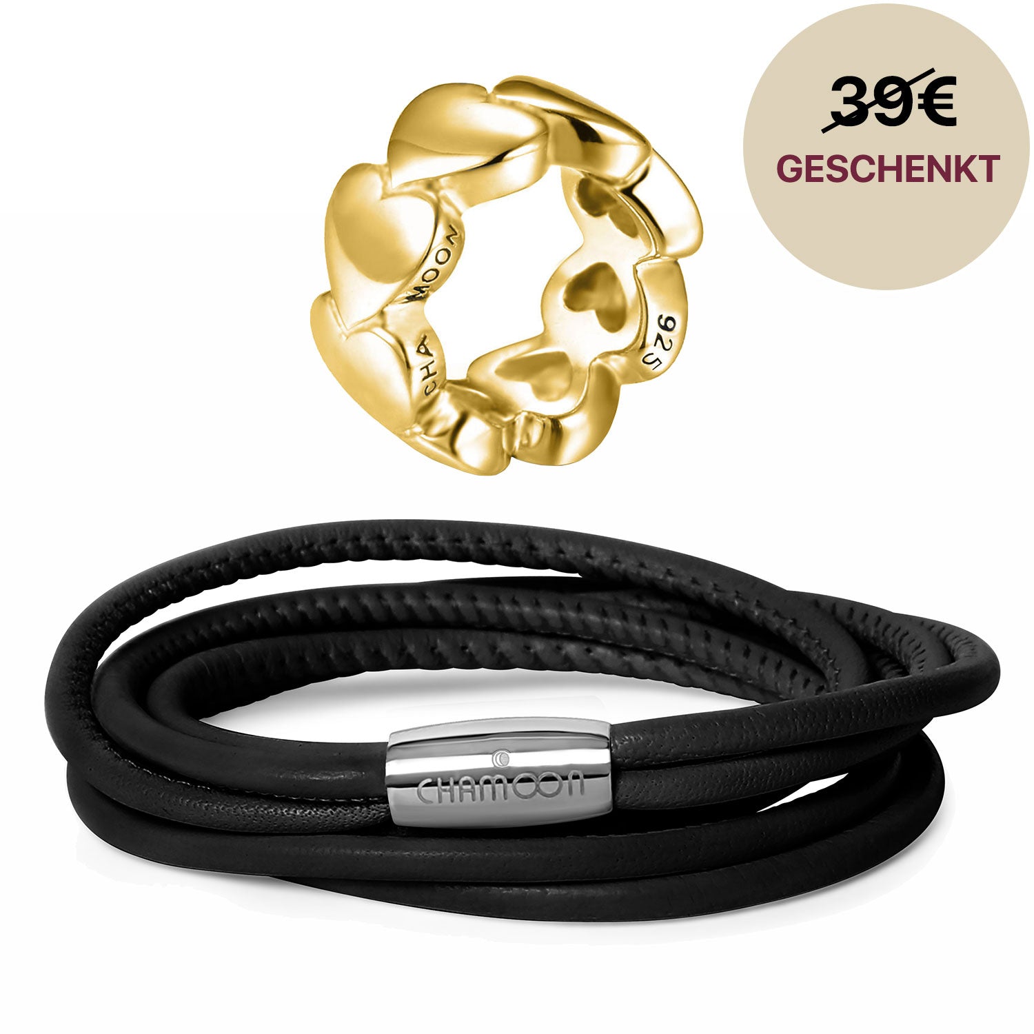 Armband leder damen#Gratis Charm_Awesome Hearts Charm Gold