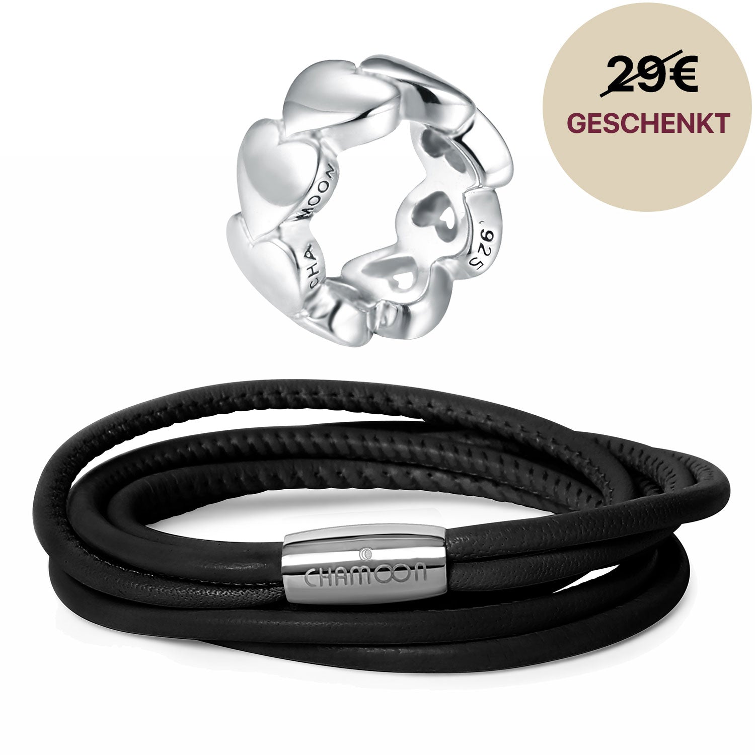 lederarmband frauen schwarz#Gratis Charm_Awesome Hearts Charm Silber