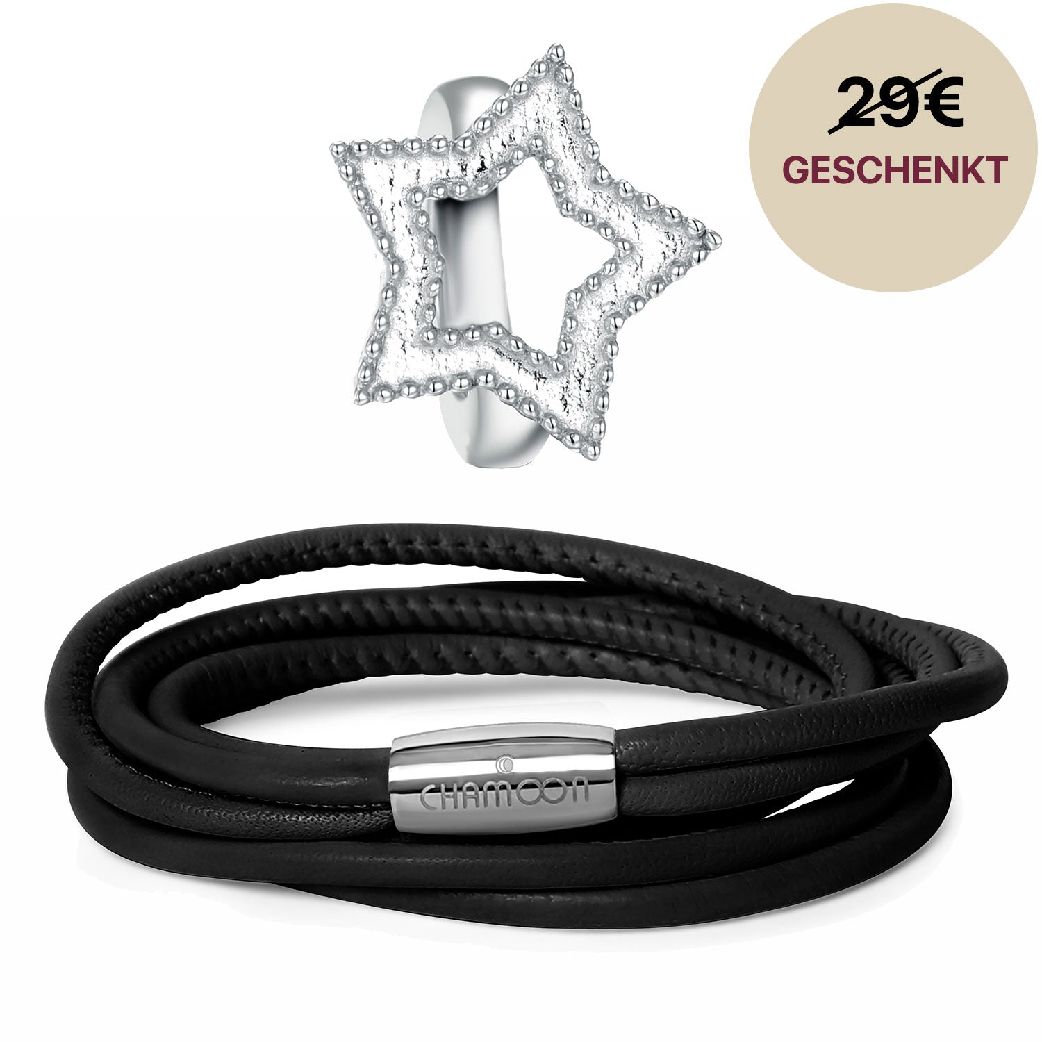 schwarzes lederarmband#Gratis Charm_Star Charm Silber