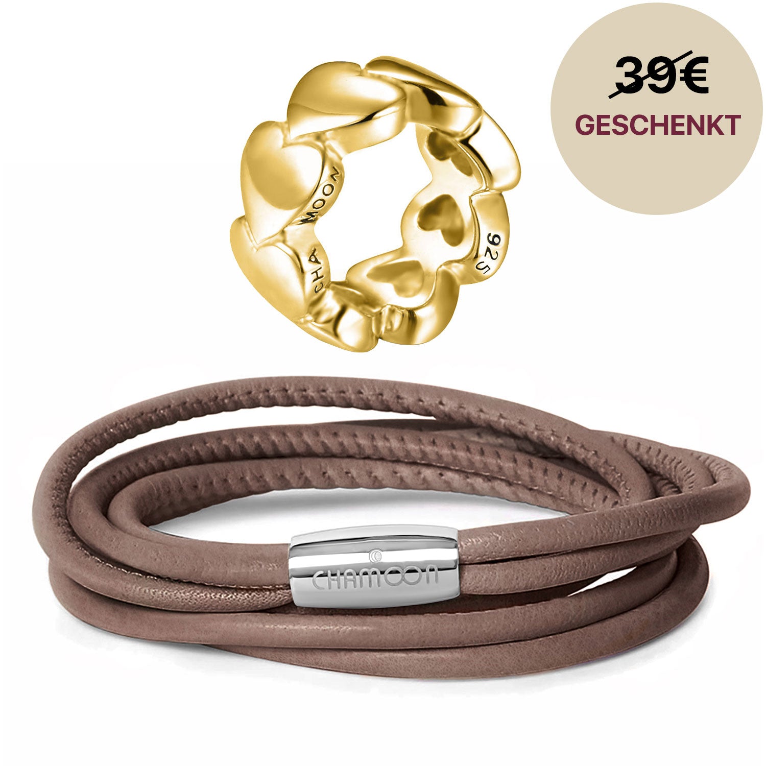 Lederarmband damen#Gratis Charm_Awesome Hearts Charm Gold