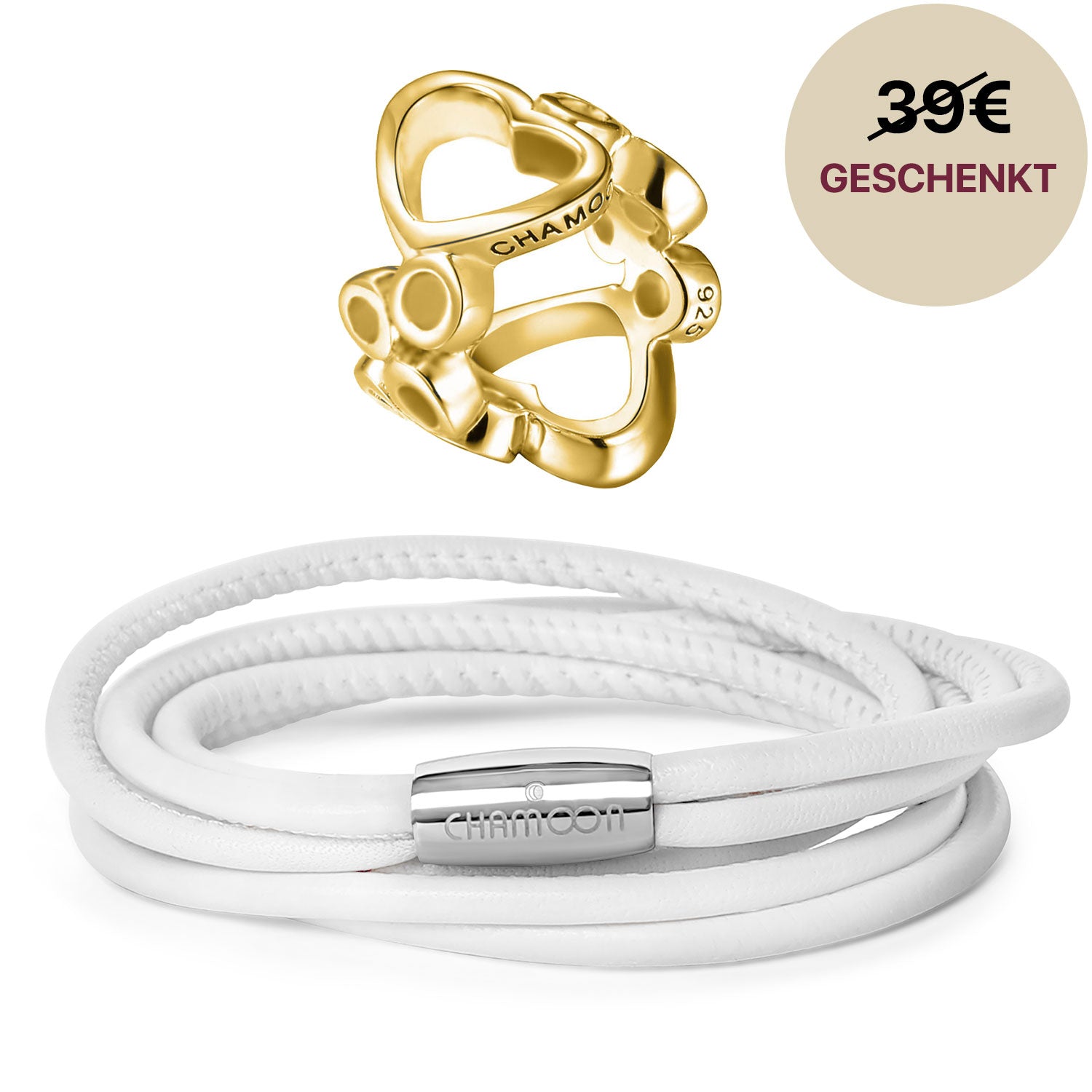 Lederarmband Weiß#Gratis Charm_Bubbles Charm Gold