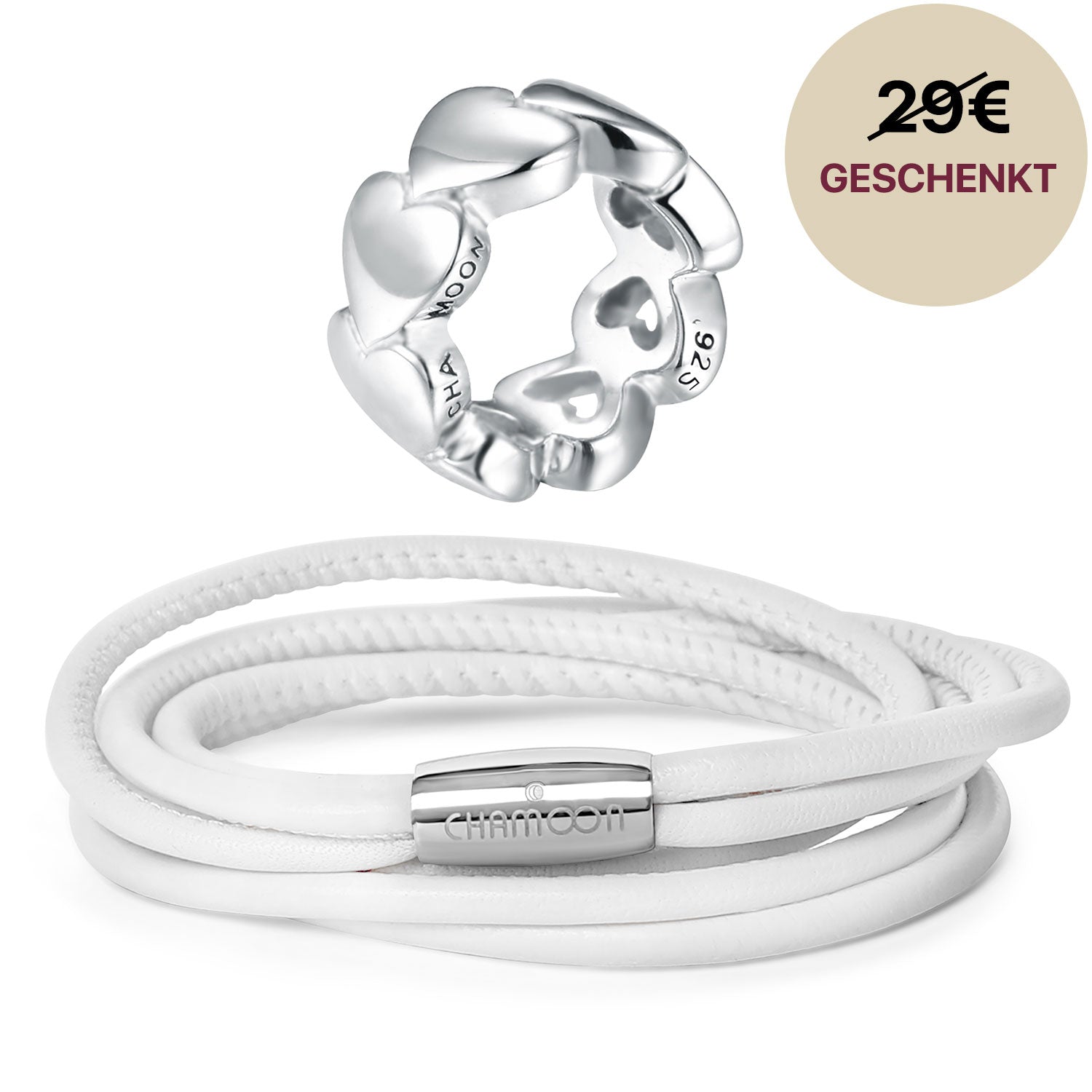 Lederarmband Weiß#Gratis Charm_Awesome Hearts Charm Silber