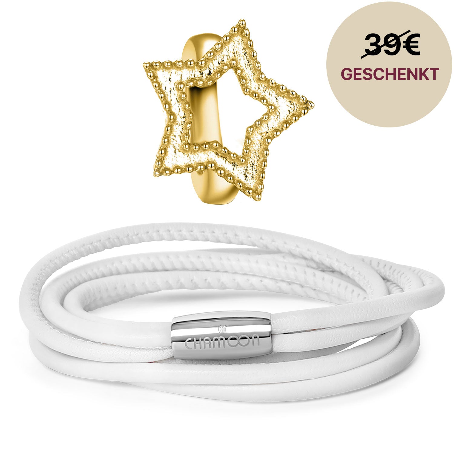 Lederarmband Weiß#Gratis Charm_Star Charm Gold