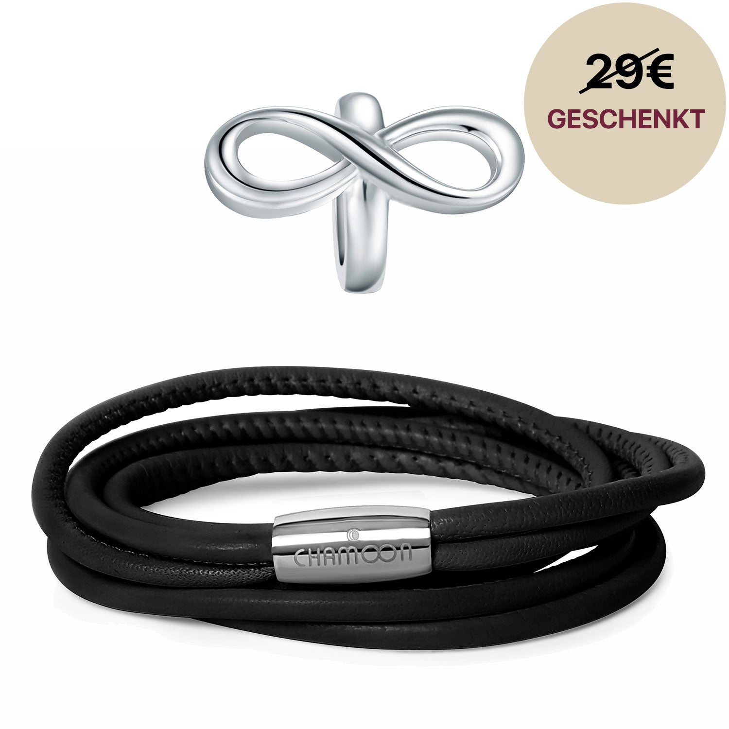 Lederarmband Damen Schwarz#Gratis Charm_Limitless Charm Silber