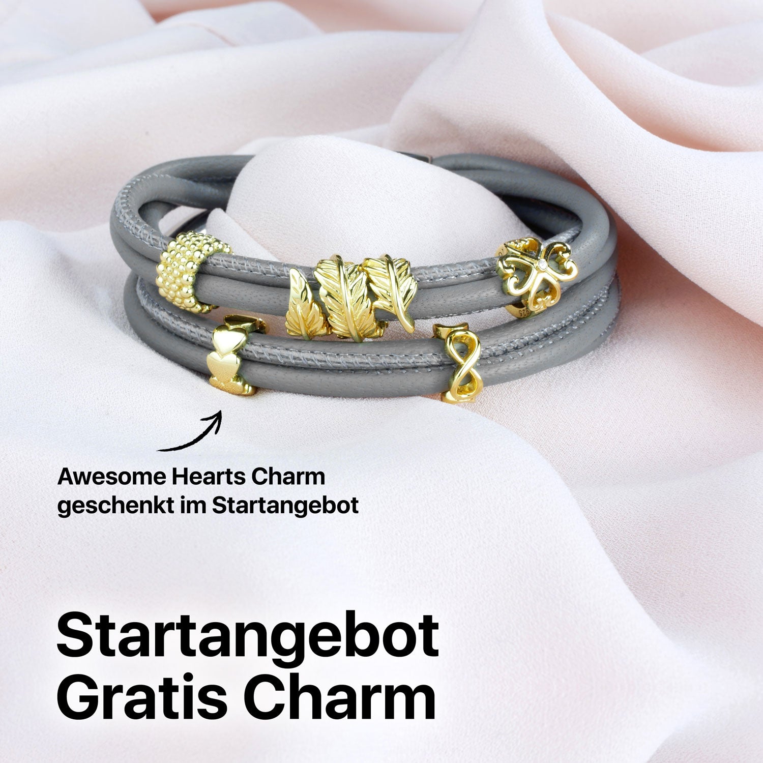 Armband leder damen#Gratis Charm_Awesome Hearts Charm Gold