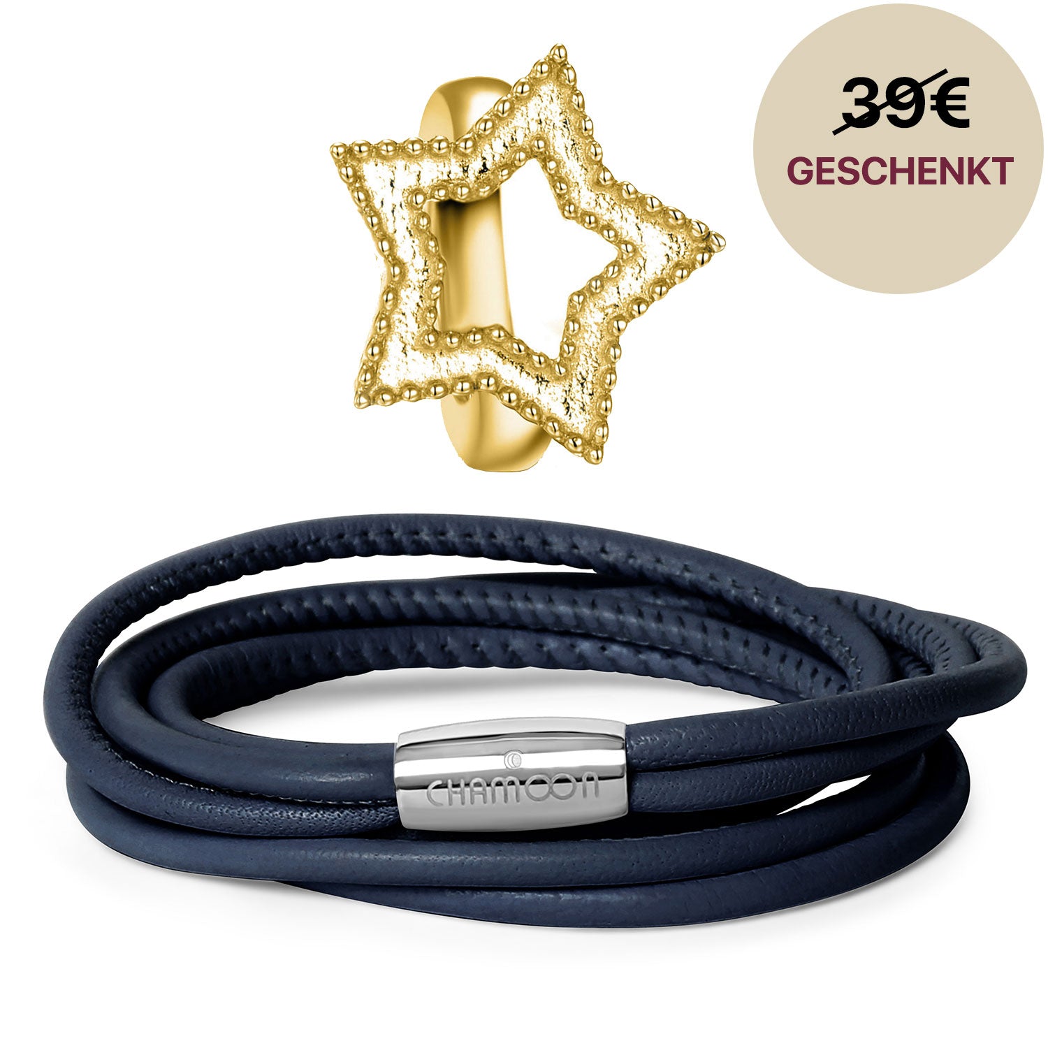 blaues lederarmband#Gratis Charm_Star Charm Gold