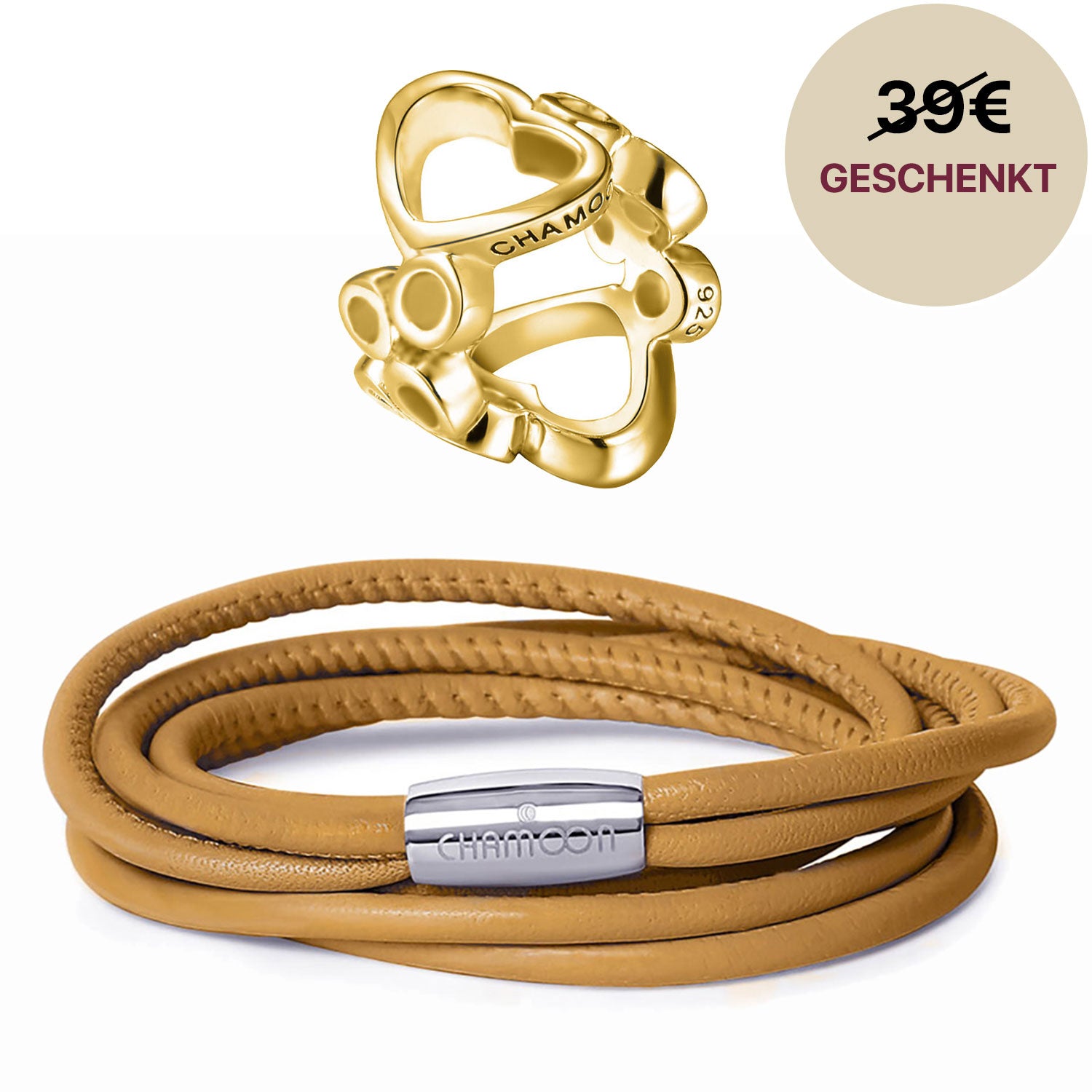 Lederarmband Damen Braun#Gratis Charm_Bubbles Charm Gold