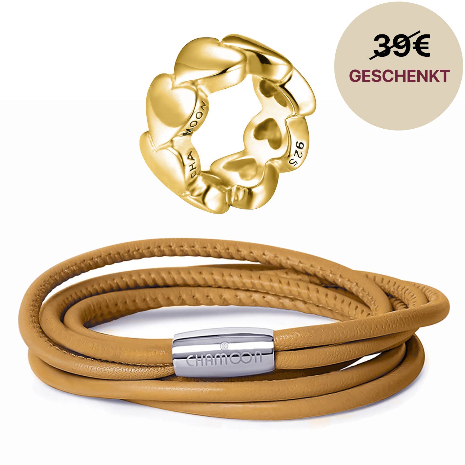Lederarmband Damen Braun#Gratis Charm_Awesome Hearts Charm Gold