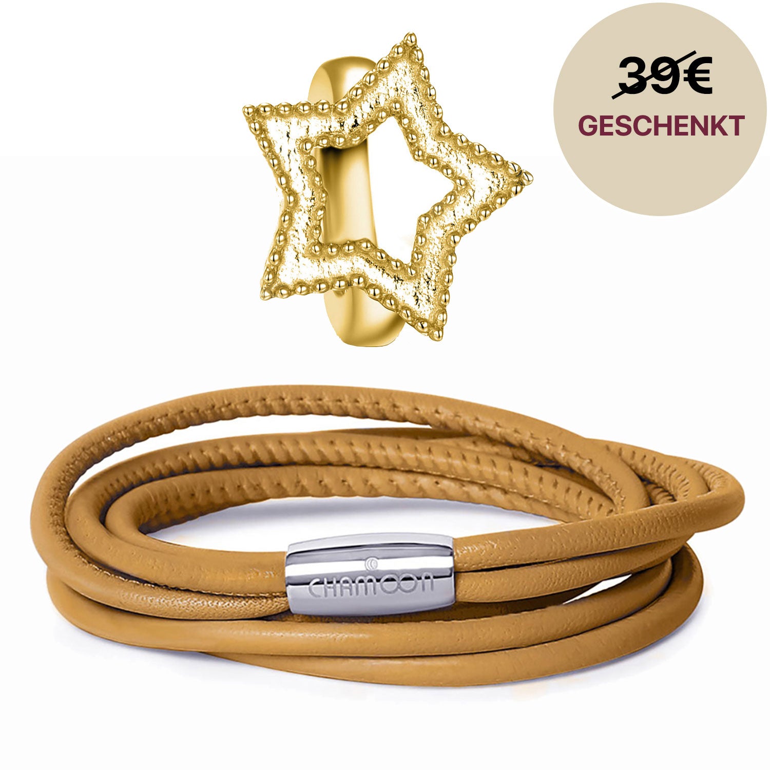 Lederarmband braun#Gratis Charm_Star Charm Gold