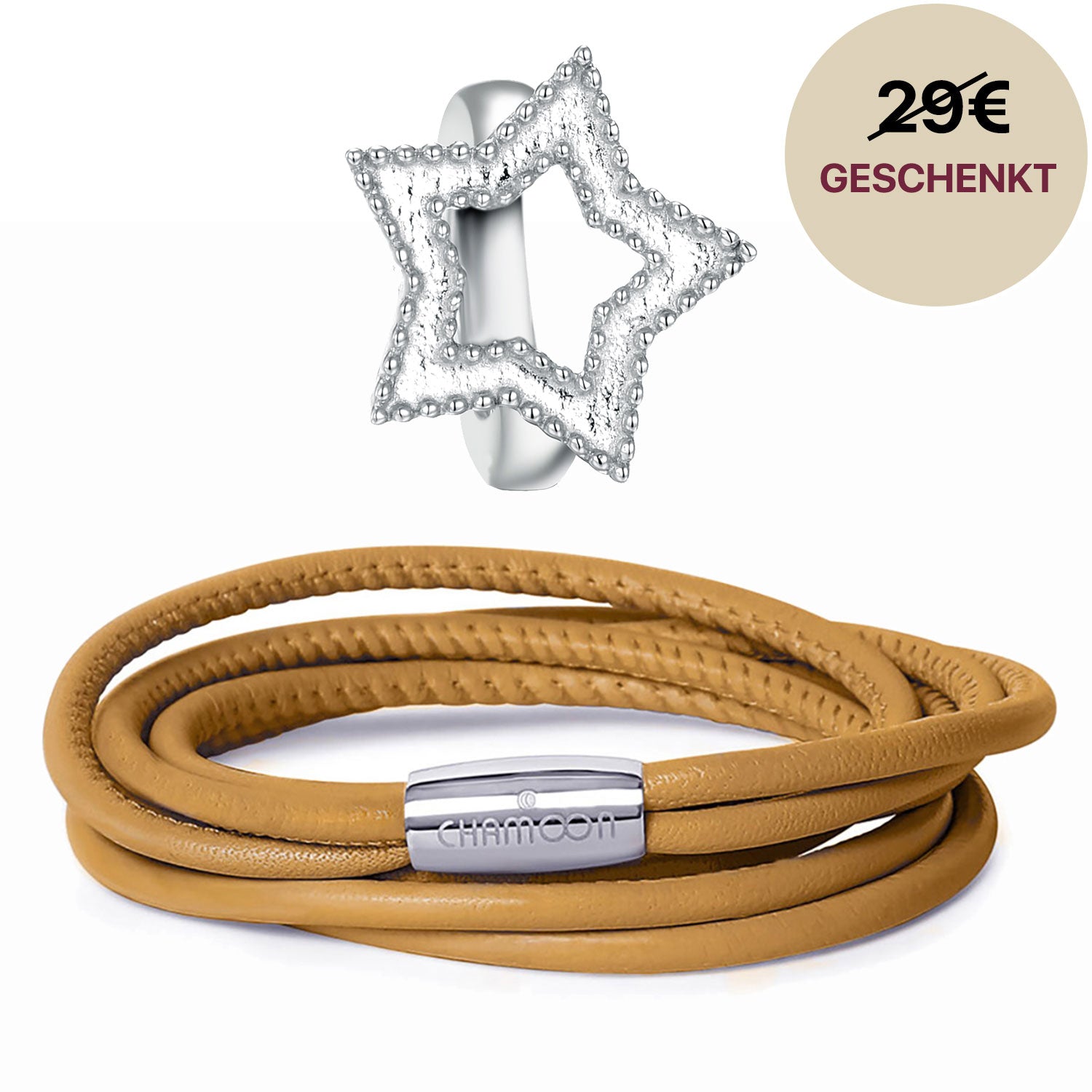 Lederarmband Damen Braun#Gratis Charm_Star Charm Silber