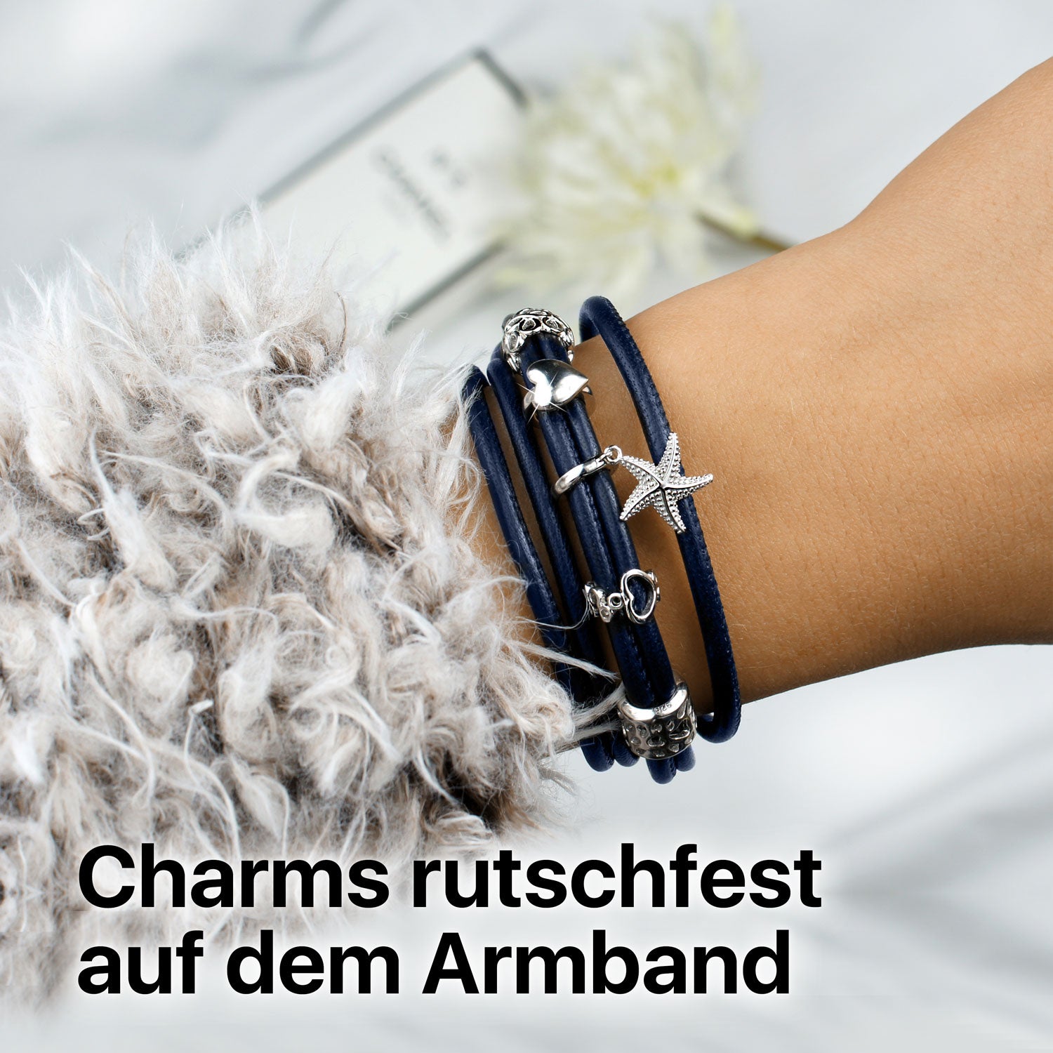 Lederarmband Blau Damen mit Silber Charms