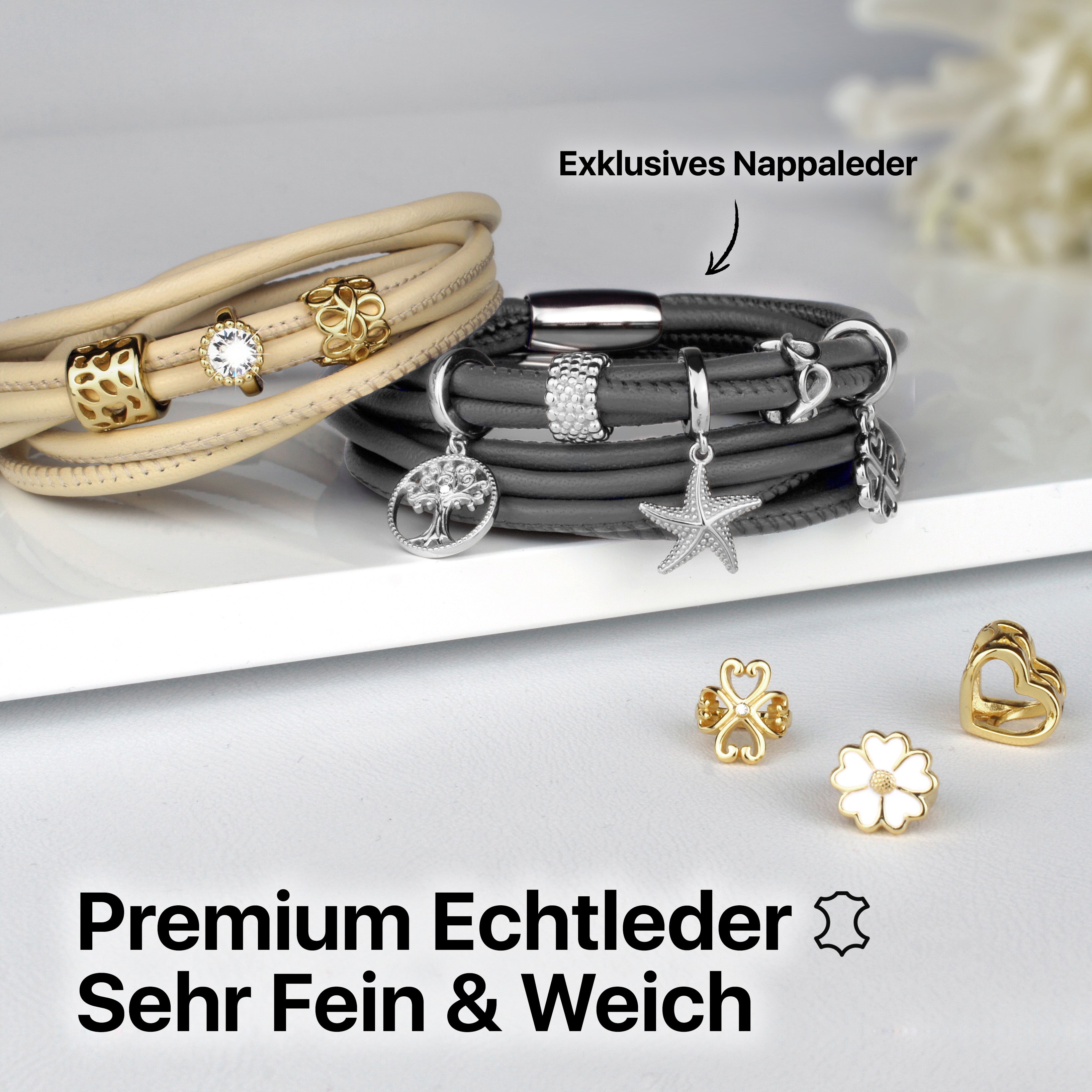 Startangebot: Lederarmband Silverspace Grau + Charm geschenkt