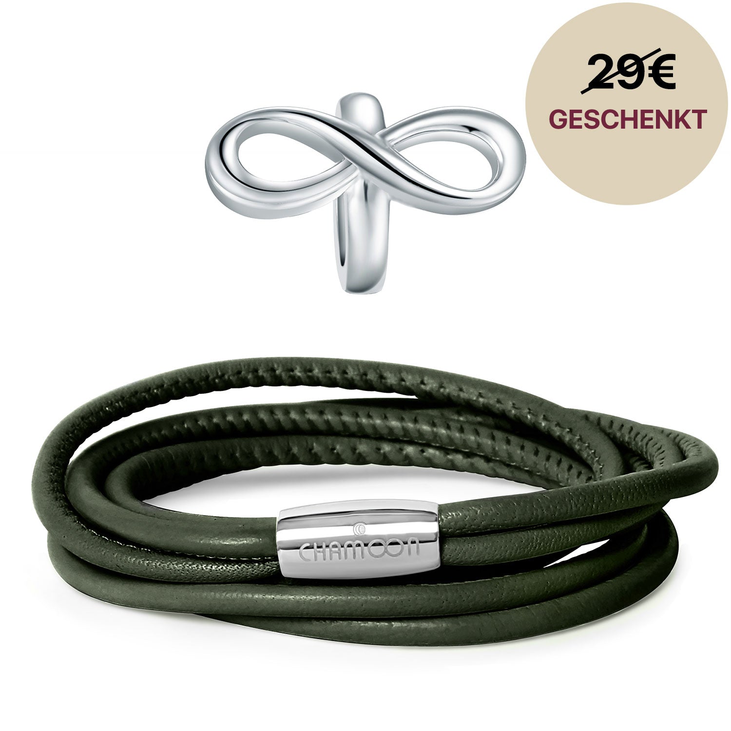 Olea Lederarmband Damen Olivgrün Startangebot#Gratis Charm_Limitless Charm Silber