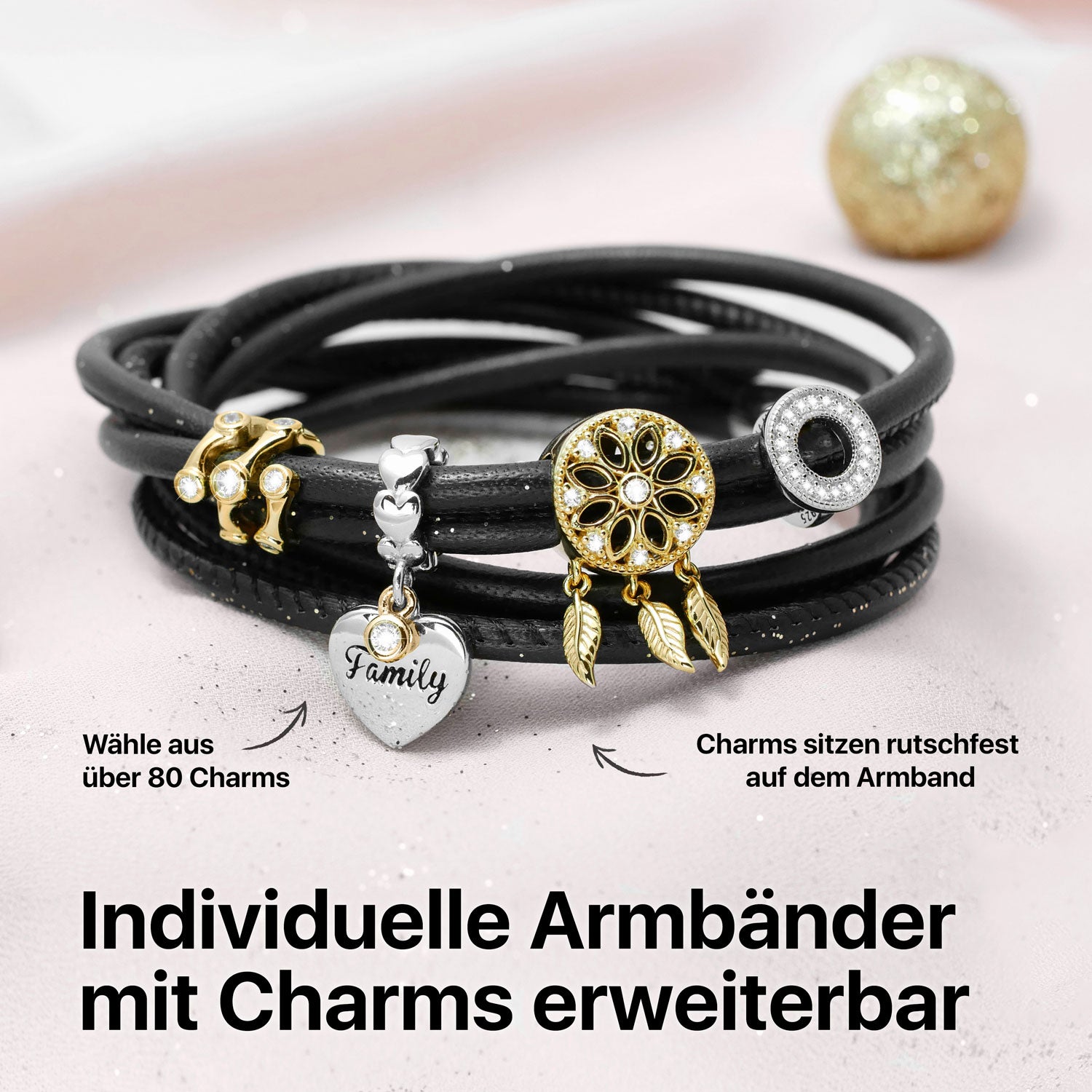 Armband Leder Damen Gravity Schwarz TRIO Double