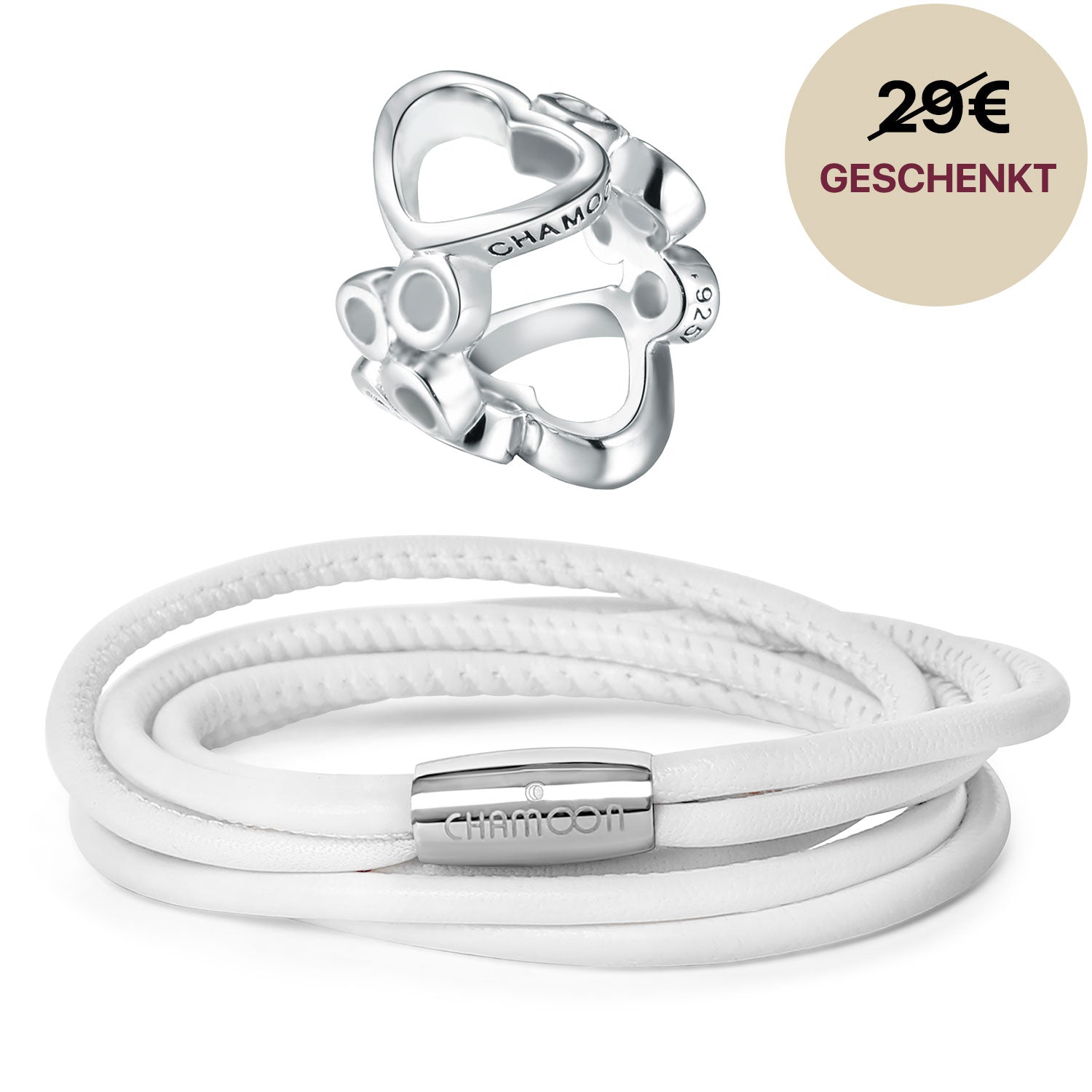 Lederarmband Weiß#Gratis Charm_Bubbles Charm Silber