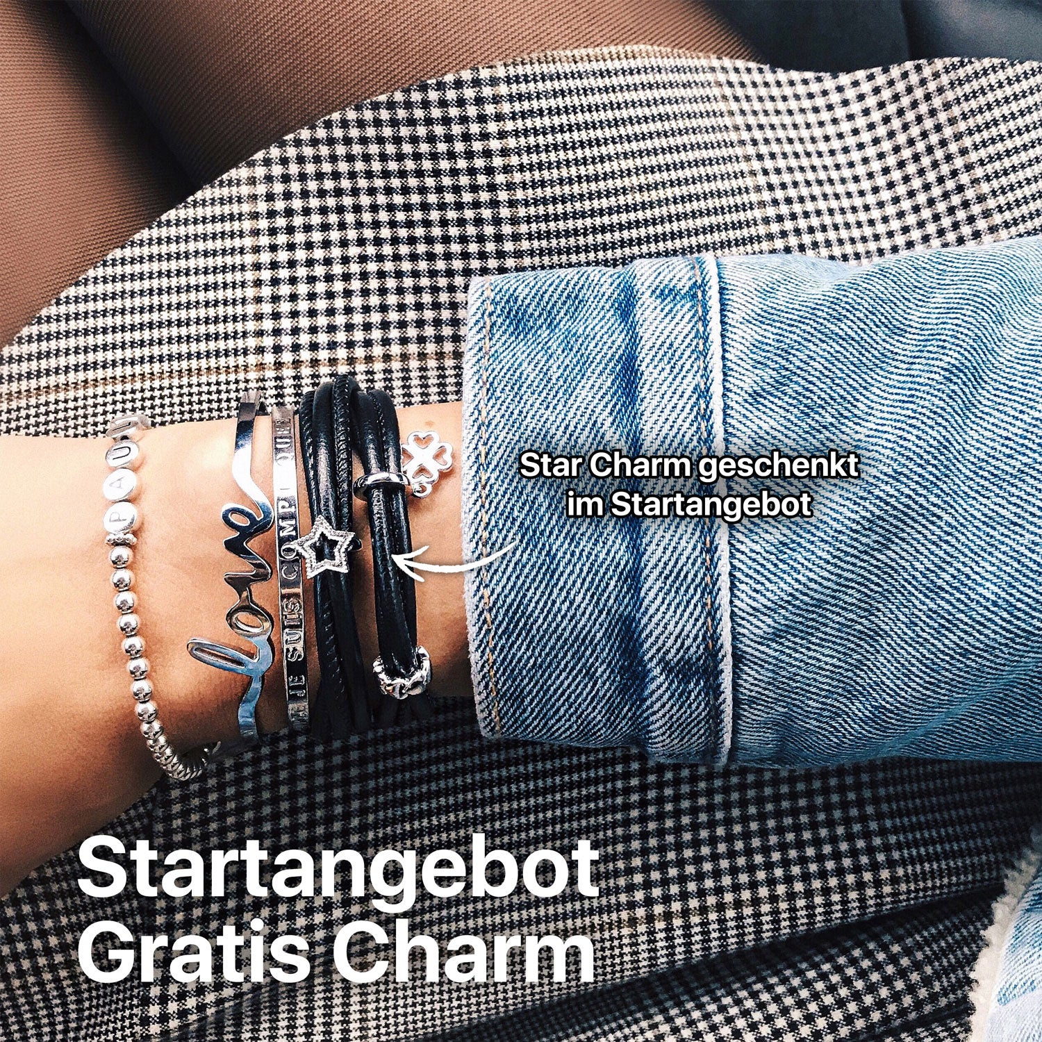 Damen lederarmband mit magnetverschluss#Gratis Charm_Star Charm Silber
