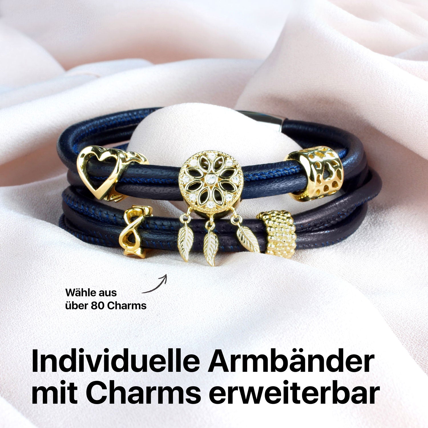 Lederarmband Damen Blau mit Charms